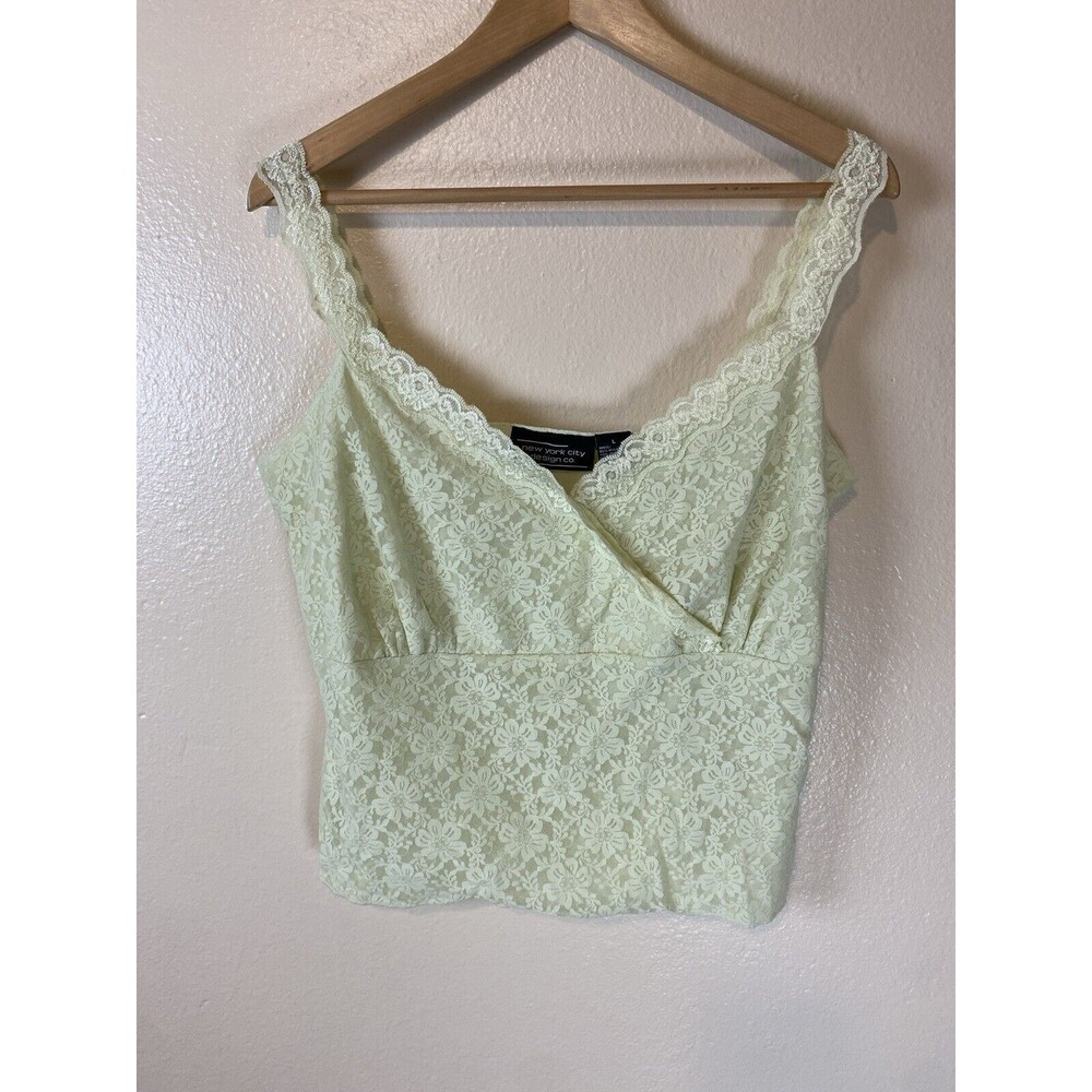 Vintage New York L Y2K Lace Cami Crop Tank Top Wrap V-Neck Green Neon 90s chic